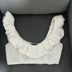 Zara White Embroidered Ruffle Crop Top